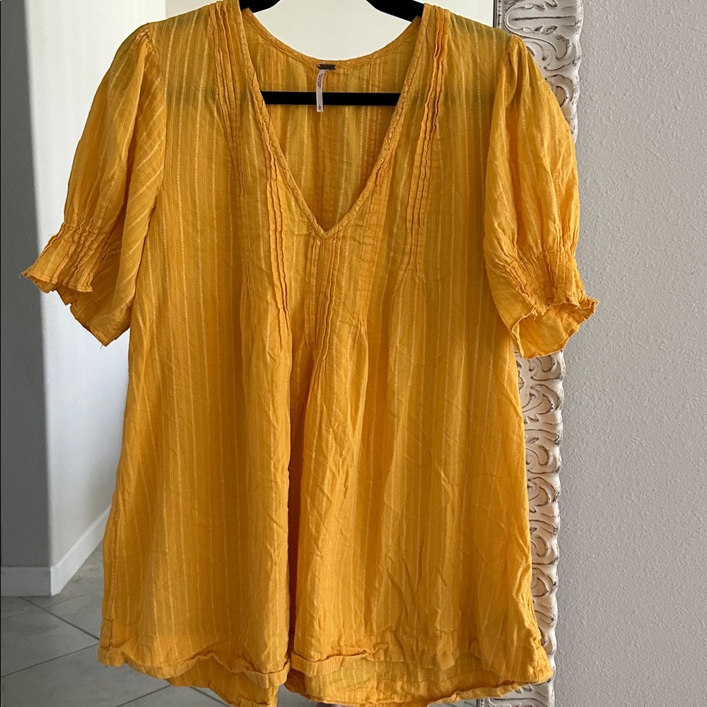 Free People Catching Heart Short Sleeve Mini-Dress Mustard Yellow V-Neck